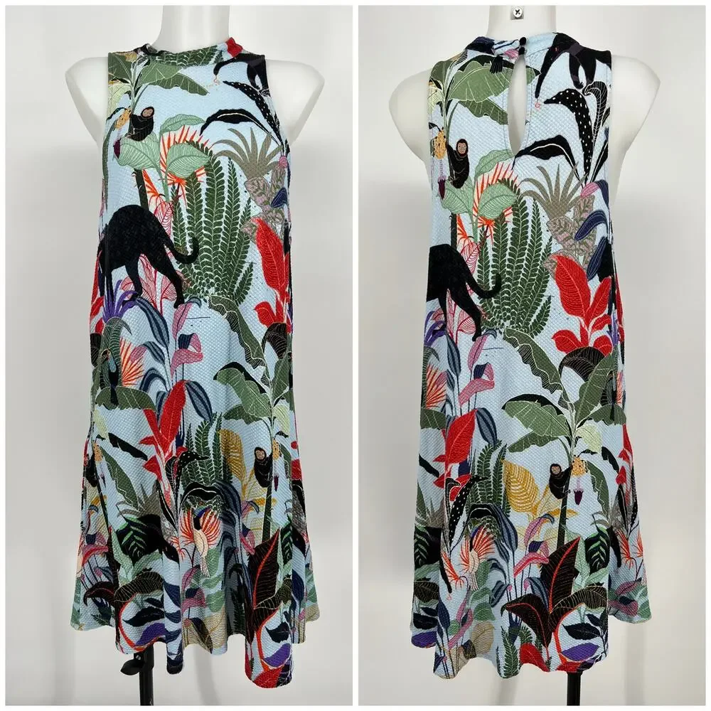 FARM Rio Tropical Halter Mini Dress XL Jungle Print Pockets Monkey Toucan Anthro - Picture 1 of 12